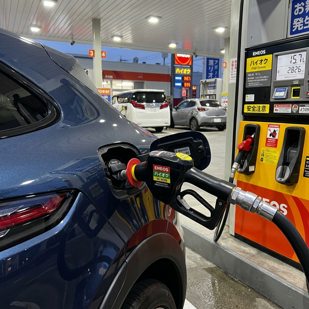 ガソリンスタンドでのポルシェカイエンの給油風景